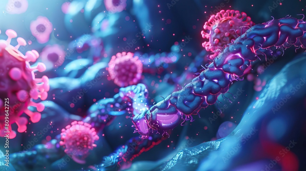 A digital medical presentation of cancerous cells in the intestines, employing neon effects to clearly illustrate the transition from microscopic to macroscopic views A digital medical presentation of cancerous cells in the intestines, employing neon effects to clearly illustrate the transition from microscopic to macroscopic views