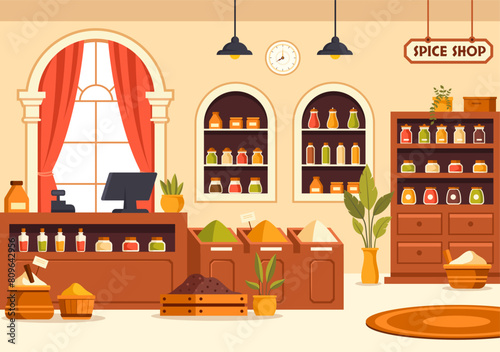 Spice Shop Vector Illustration With Different Hot Sauces, Condiment, Exotic Fresh Seasoning and Traditional Herbs in Flat Cartoon Background