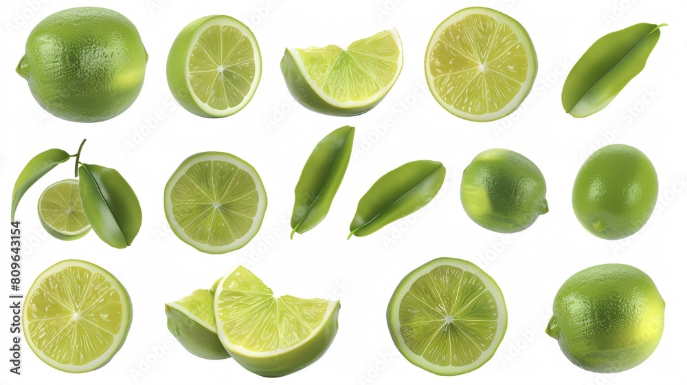 A set of fresh, matured limes on a white background. A set of fresh, matured limes on a white background.