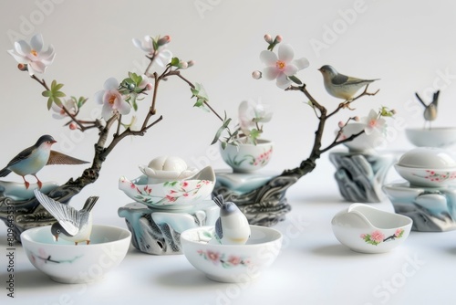 A collection of delicate porcelain bowls adorned with perched birds.