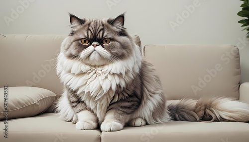 a funny grumpy fat Persian cat in couch on plain white background, Generative AI