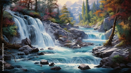 Epic waterfall watercolor illustration - Generative AI. Waterfall  autumn  tree  blue  sky.