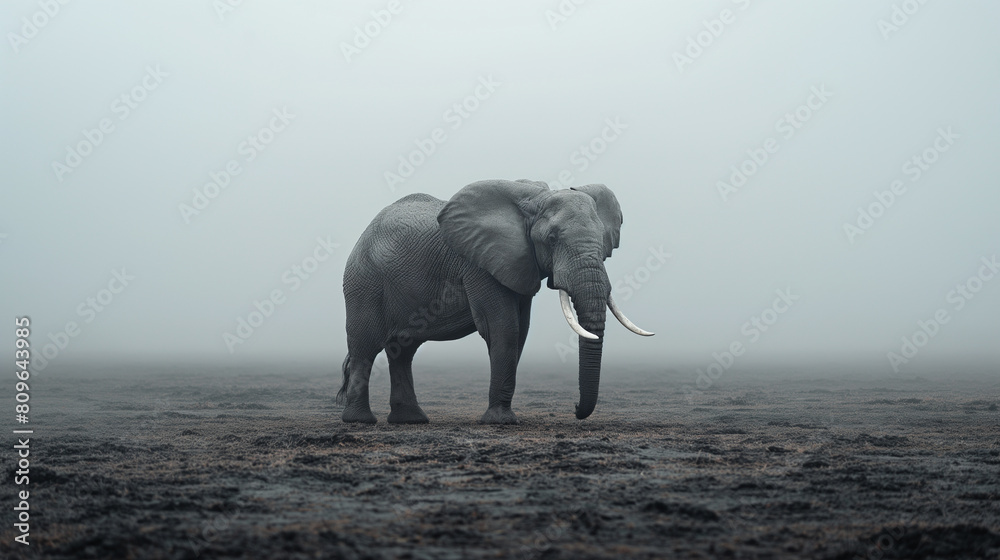 Obraz premium An elephant standing in the middle of an empty field in foggy weather
