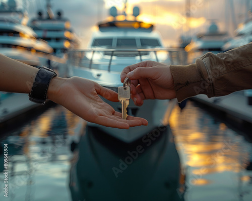 Yacht dealer giving the keys to a buyers hand, side view, soft bokeh luxury yacht in the background.