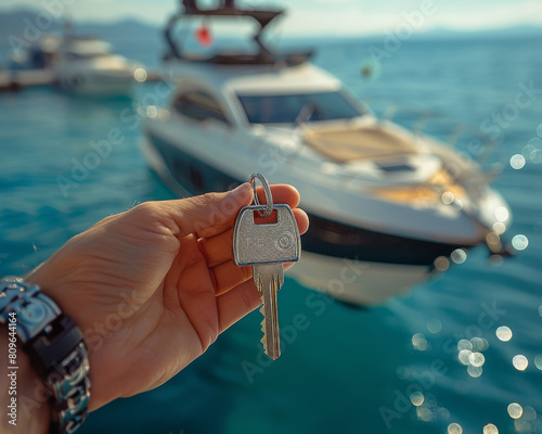 Yacht dealer holding the keys to a luxury yacht, side view, soft bokeh luxury yacht in the background. photo