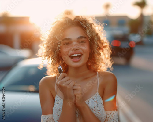 Beautiful girls sweet sixteen celebration, she is  happy and holding a car key in her hand, blurred luxury sports car in the background. photo