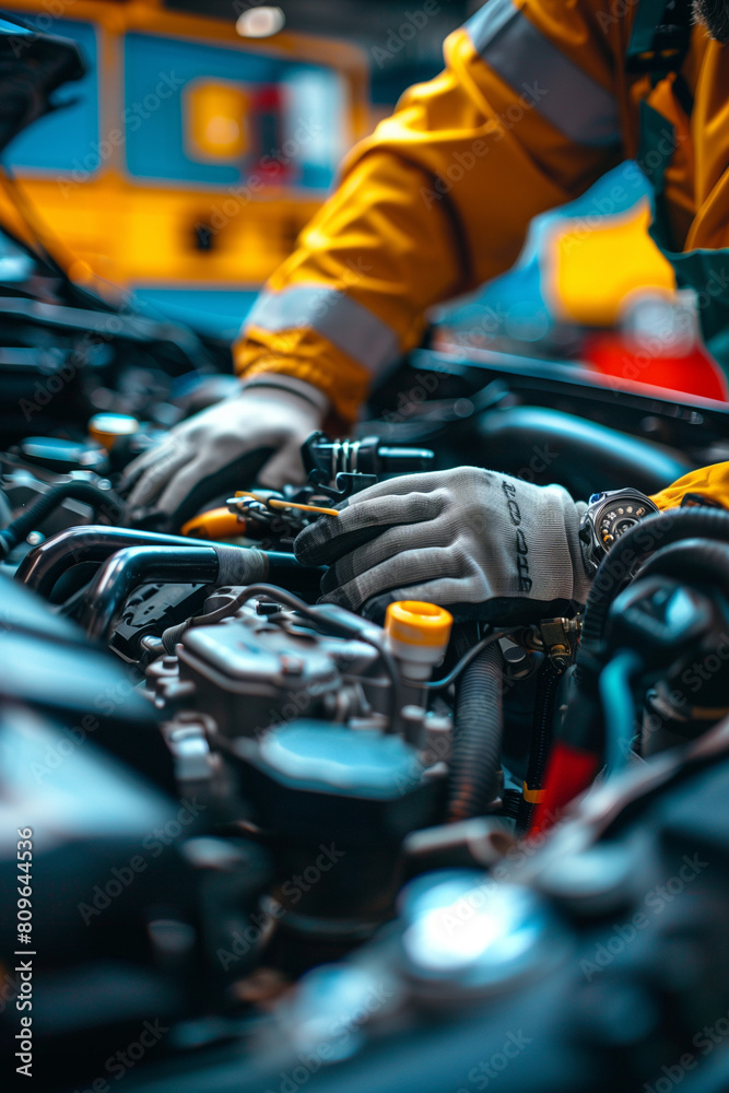 Close up of unknown hands work on the car engine in the garage Close up of unknown hands work on the car engine in the garage