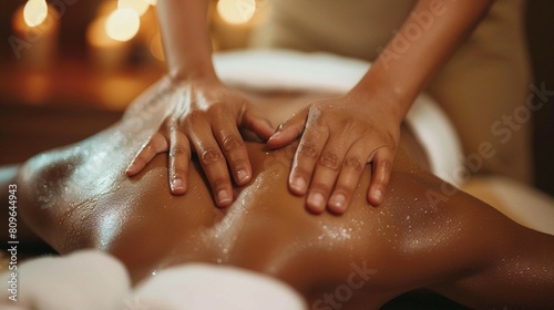 Wallpaper Mural Close-up of a masseur's hands on a person's back in a spa. The background is blurred.Wellness treatments for health improvement Torontodigital.ca