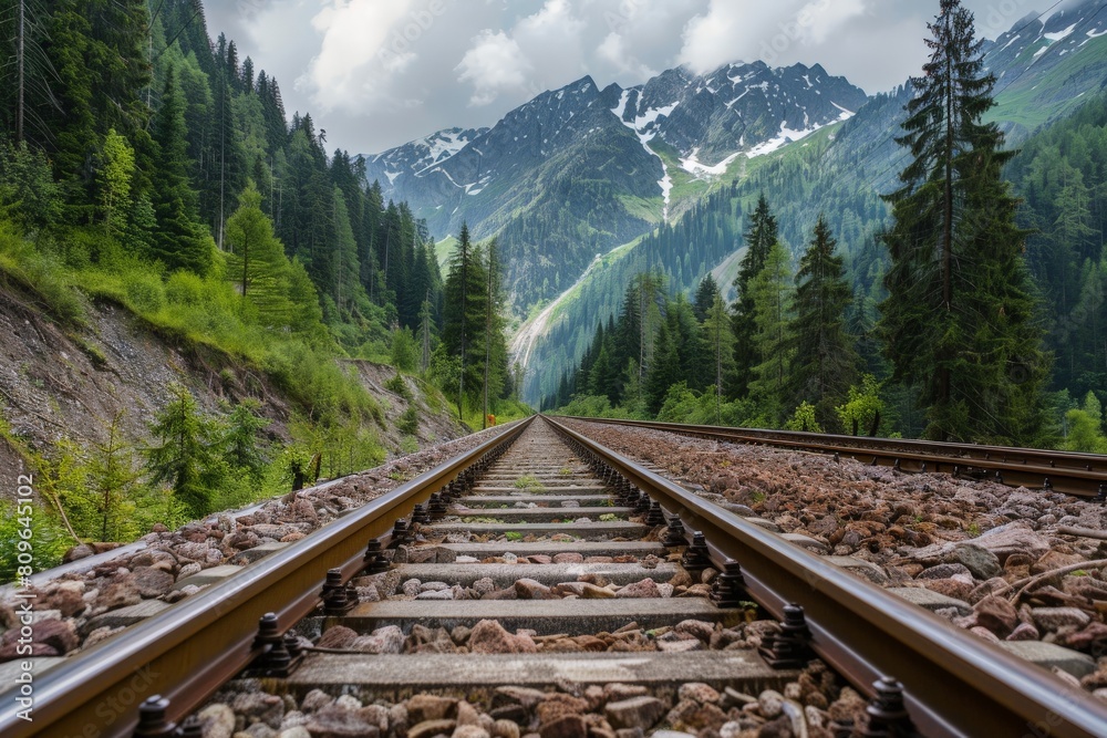 Fototapeta premium Railroad tracks close-up at dusk. Beautiful simple AI generated image in 4K, unique.