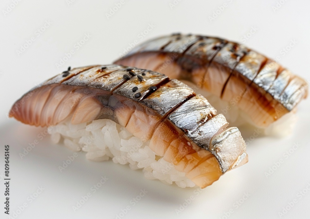 Mackerel nigiri on white background. Mackerel nigiri on white background.