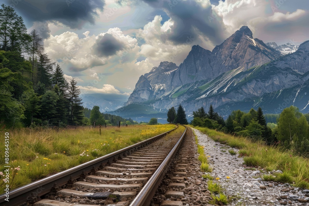 Fototapeta premium Railroad tracks close-up at dusk. Beautiful simple AI generated image in 4K, unique.