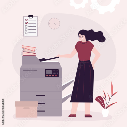 Woman office worker uses copy machine to scan document. Young girl secretary in corporation stands near professional copy machine or printer doing paper work. Copier operator.