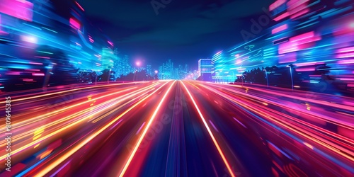A bustling urban street illuminated with blurred movement.