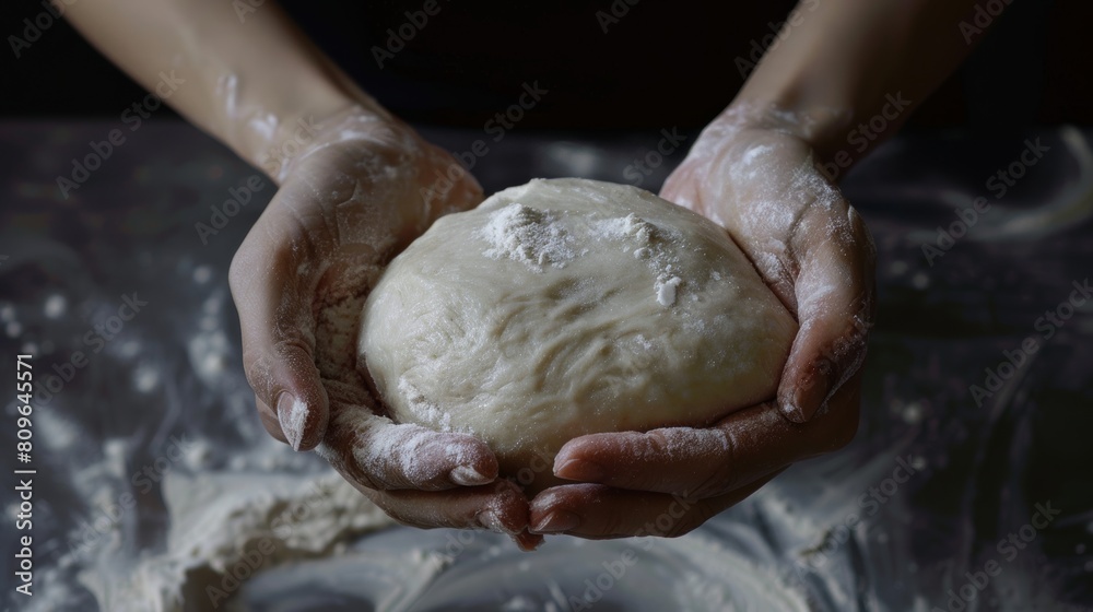 On dark background, a woman kneads dough.