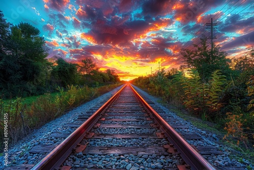 Railroad tracks close-up at dusk. Beautiful simple AI generated image in 4K, unique.