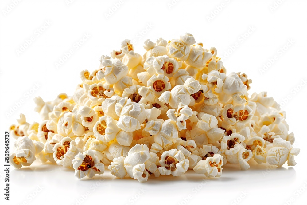 Heap of delicious new popcorn on white background.