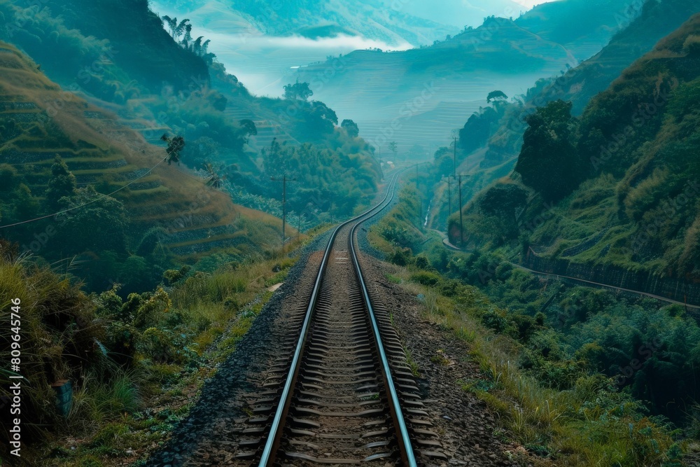 Fototapeta premium Railroad tracks close-up at dusk. Beautiful simple AI generated image in 4K, unique.