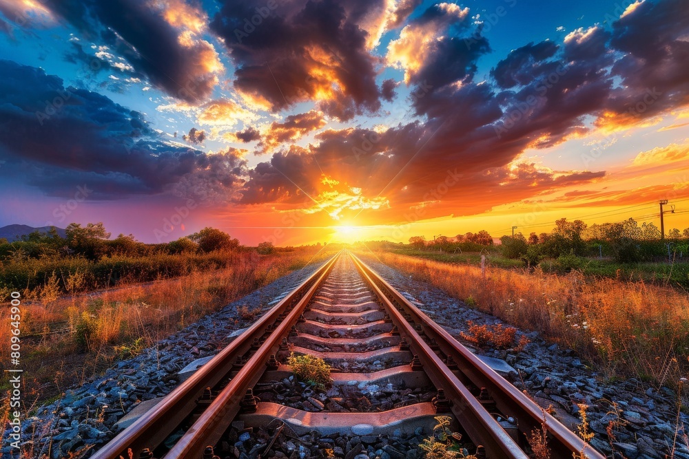 Fototapeta premium Railroad tracks close-up at dusk. Beautiful simple AI generated image in 4K, unique.