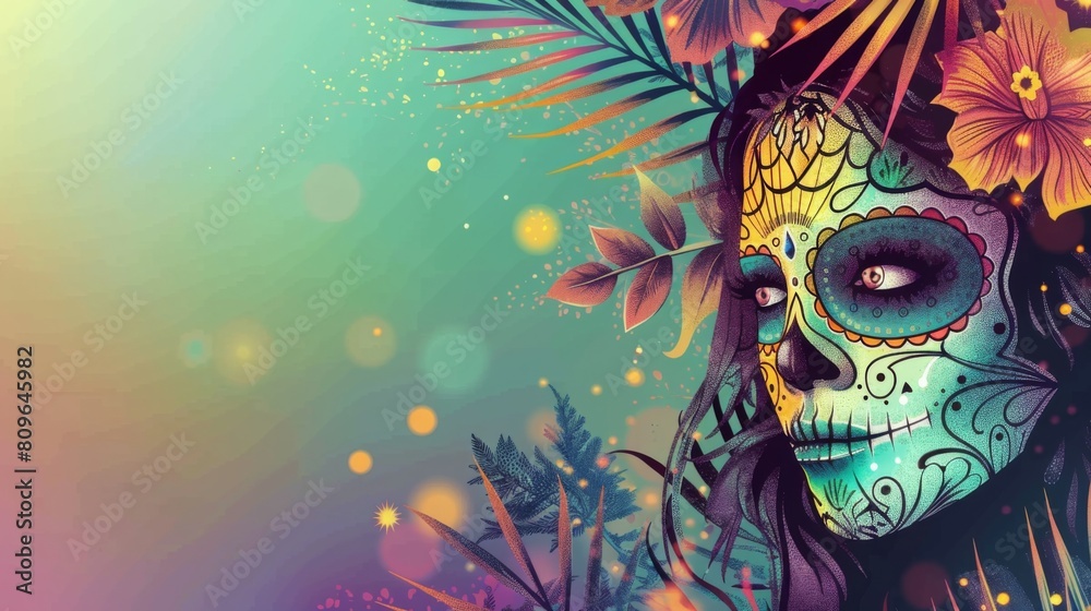 Vibrant and colorful illustration of a Day of the Dead sugar skull