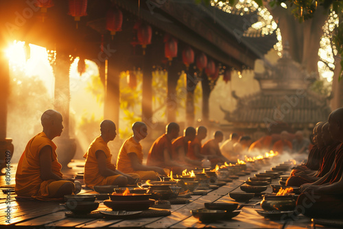 Buddhist alms giving ceremony in the morning. The tradition of giving alms to monks. photo