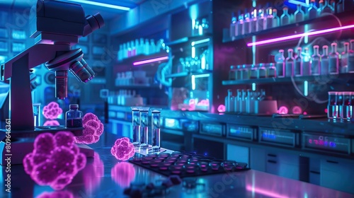 A futuristic medical laboratory examining micro and macro aspects of intestinal cancer cells, using neon lighting to highlight critical features for research and diagnosis