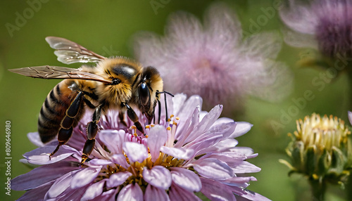 Honey bee gathering pollen in a field © lumerb