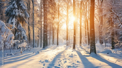 Snow covered forest in the winter sunlight photo