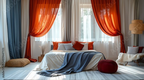 luxury bedroom with red curtains