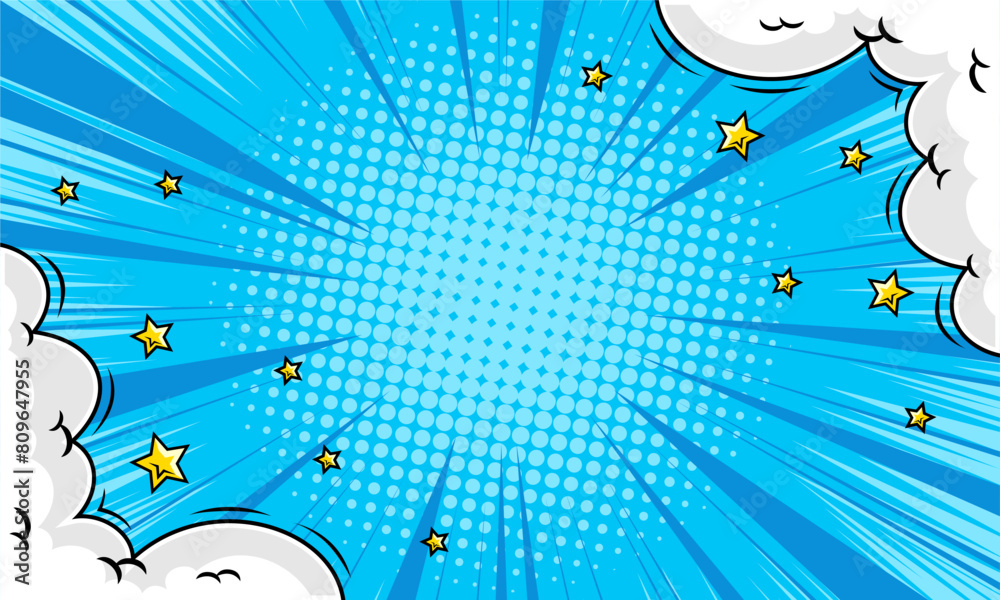 Pop art comic background with cloud and star. Cartoon Vector Illustration on blue