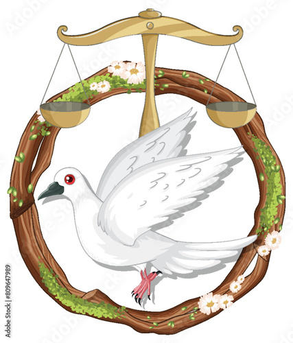 White dove perched on balanced justice scales