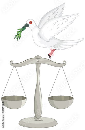 White dove carrying olive branch on justice scales