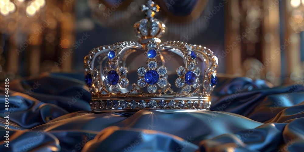 Royal Blue Gemstone Crown On Silk Fabric. Elegant Diamond Crown On Luxurious Blue Silk. Generative AI Royal Blue Gemstone Crown On Silk Fabric. Elegant Diamond Crown On Luxurious Blue Silk. Generative AI