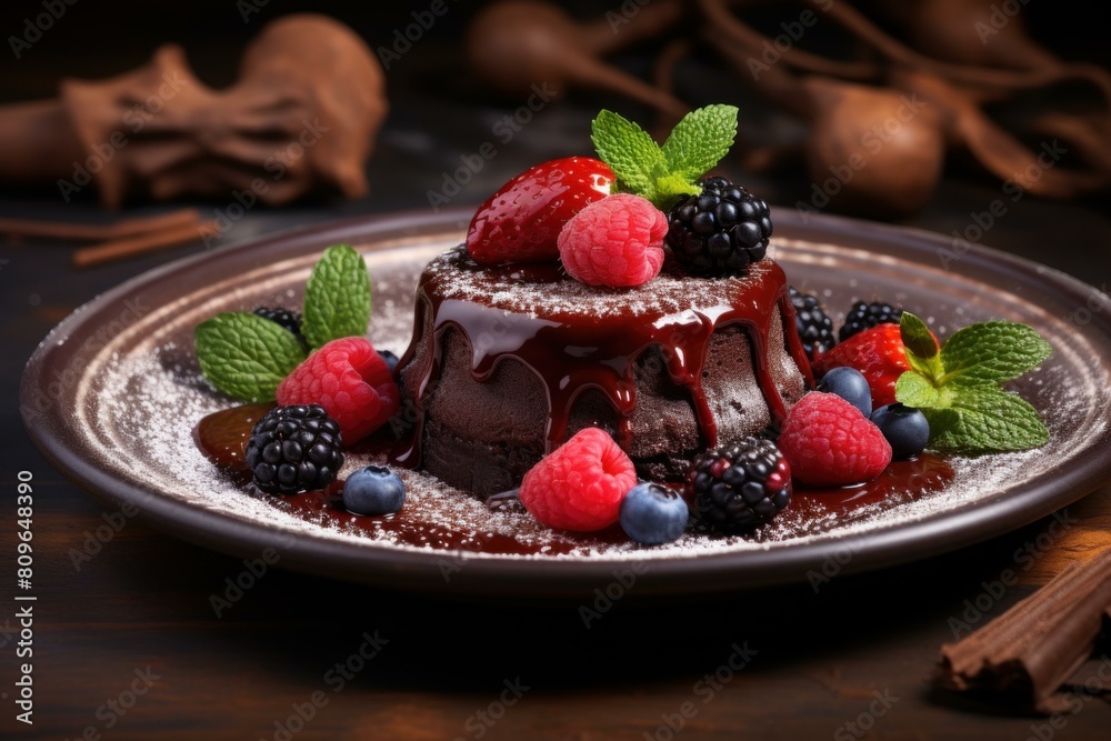 Gourmet chocolate lava cake topped with juicy berries and a dusting of powdered sugar Gourmet chocolate lava cake topped with juicy berries and a dusting of powdered sugar