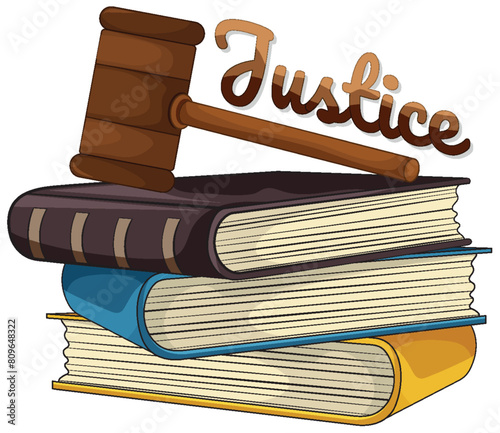 Stack of books with a gavel on top, labeled Justice