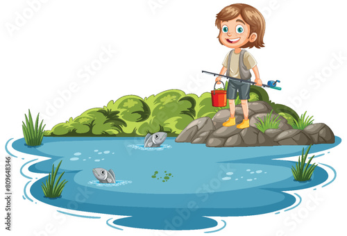 Illustration of a girl fishing on a sunny day