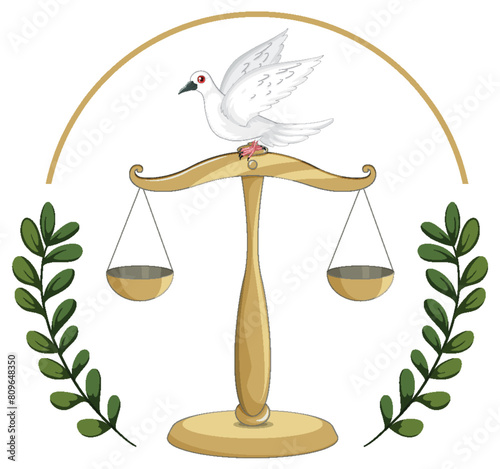 Dove on scales surrounded by olive branches