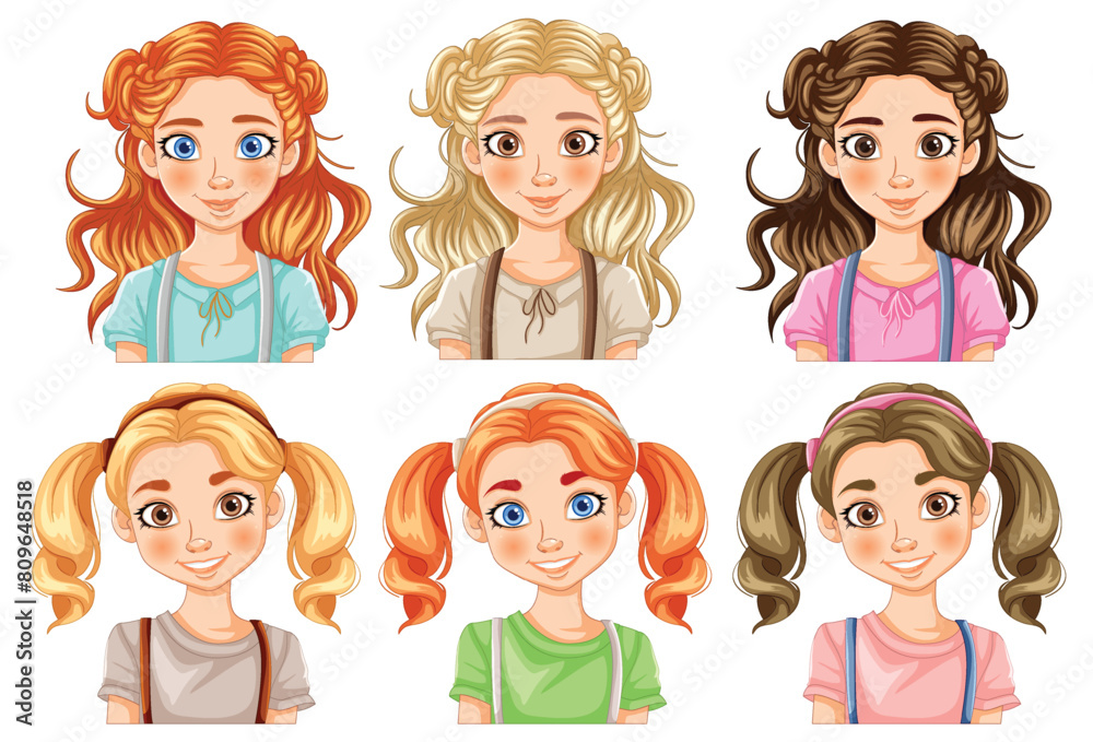 Six cartoon girls with various hairstyles and expressions Six cartoon girls with various hairstyles and expressions