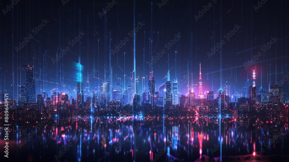 Obraz premium A captivating artwork depicting 5G signals radiating from major cities across the world, showcasing the hubs of global connectivity.