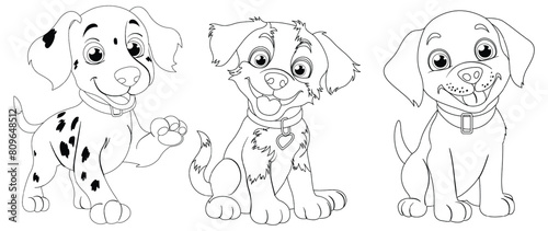 Three cartoon puppies in black and white outline