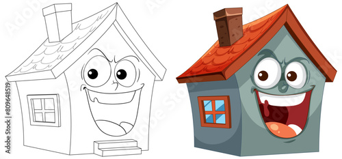 Two animated houses with happy facial expressions