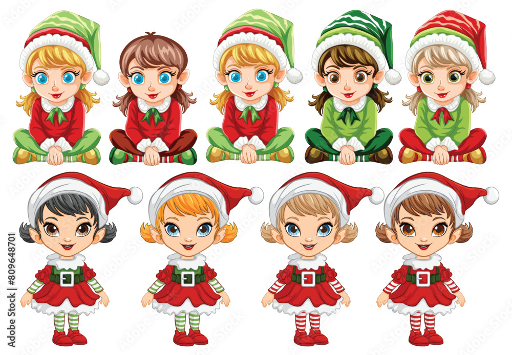 Colorful vector illustrations of eight Christmas elves