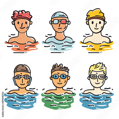 Six cartoon swimmers heads above water, different swimwear accessories. Diverse group swimmers wearing goggles, caps, varying hairstyles expressions. Colorful swimmer characters displayed against