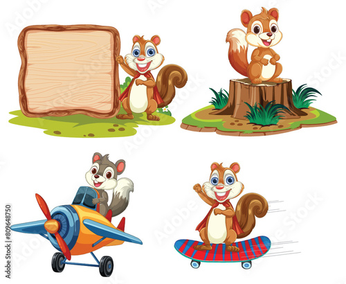 Four squirrels engaging in various fun activities