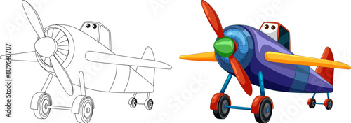 Two cartoon airplanes, one colorful and one line art