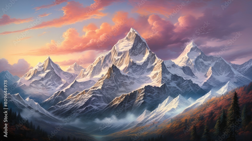 Majestic mountain peaks watercolor illustration - Generative AI. Mountain, peak, snow, tree, sky.