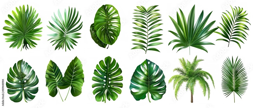 Combination of tropical plants green foliage Tree Monstera, Palm, Rubber plant, pine and bird's nest fern together with space for advertising, Generative AI.