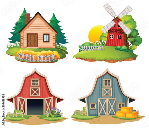 Vector illustrations of farmhouses and barns in rural settings