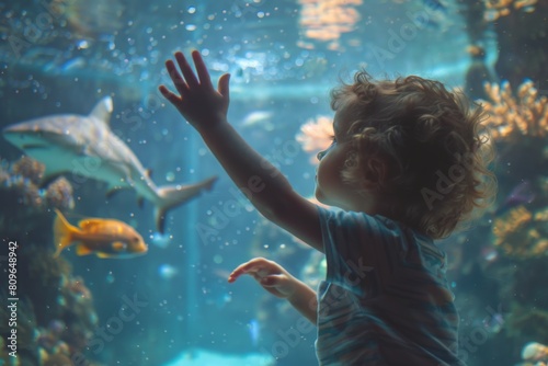 A young, curly-haired child gazes in wonder at colorful fish swimming in a vibrant aquarium setting, tapping the glass softly