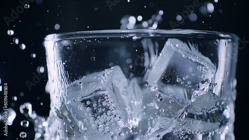  A clear close-up of ice cubes flying around in a glass, water droplets in motion
