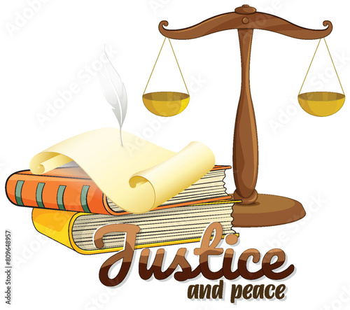Scales of justice atop books with a feather quill
